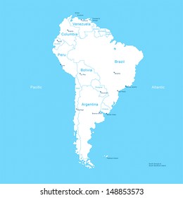 Isometric South America Map on a grid with country boarders, country names and metropolitan areas, capitals in white on blue background. Great use for financial, political content.