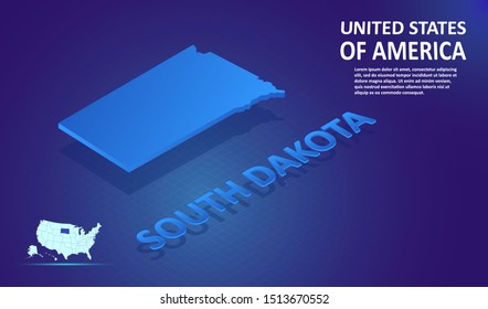Isometric SOUTH DAKOTA State map on blue and glowing background. 3D Detailed Map in perspective with place for your text or description.Technology Information Graphic Element for Website,app,UI,Travel
