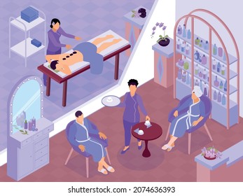 Isometric spa horizontal composition with salon room and clients with physician putting stones on patients spine vector illustration