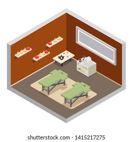 Isometric spa resort room massage equipment design flat vector illustration