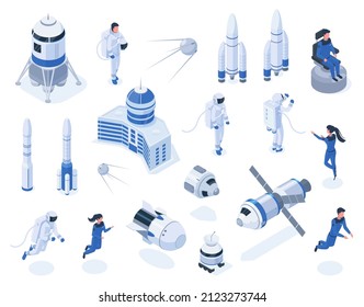 Isometric space bodies, astronaut, satellites and spacecraft. Outer space exploration, lunar rover and rockets vector illustration set. Space technology and astronautics. Woman and man training