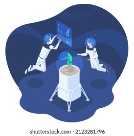 Isometric space colonisation, astronauts growing plants in space. Spaceman growing plant under zero gravity vector illustration. Genetic engineering and space colonization. Characters doing experiment