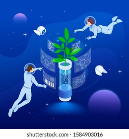 Isometric Space Colonization and travel of the future concept. Scientific research on growing plants in space. Genetic engineering and science. Human nutrition in space.