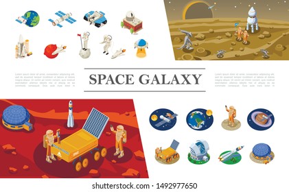 Isometric space elements composition with rockets spaceships shuttles astronauts meeting with aliens ufo space colony lunar rover different planets vector illustration