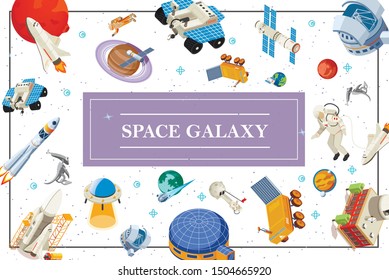 Isometric space elements concept with spaceships shuttles satellites rockets astronauts aliens ufo planets lunar rover cosmic station and base vector illustration