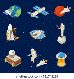 Isometric space elements set with earth planet astronauts satellite spaceships rockets lunar rover planetary ufo isolated vector illustration