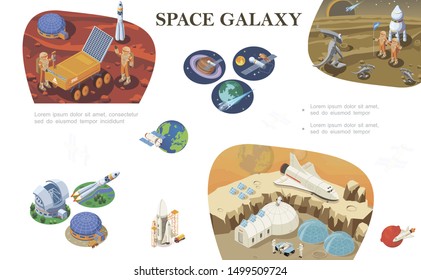 Isometric space exploration composition with astronauts meeting with aliens cosmic bases shuttle rover rocket on different planets vector illustration