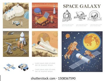 Isometric space exploration composition with shuttle satellite Mars colonization base lunar rover astronauts meeting with aliens cosmonauts in outer space galaxy labels vector illustration