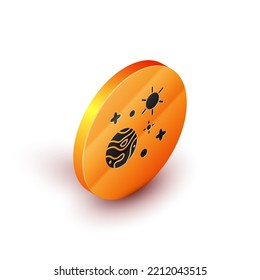 Isometric Space and planet icon isolated on white background. Planets surface with craters, stars and comets. Orange circle button. Vector Illustration