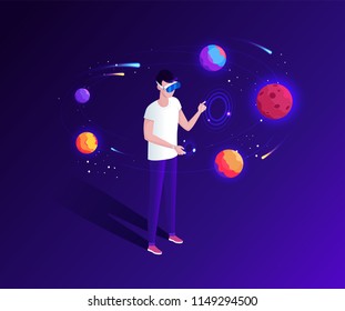 Isometric space and planets virtual reality. A man with virtual reality glasses