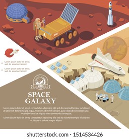 Isometric space research colorful template with astronauts cosmic bases and stations rover rocket shuttle on different planets vector illustration