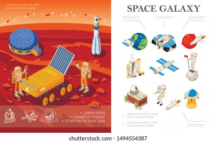 Isometric space research concept with astronaunts rover rocket cosmic base on Mars planet and colorful galaxy icons vector illustration