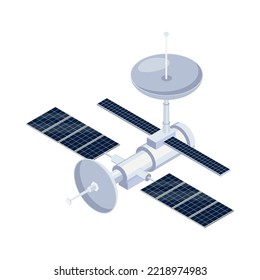 Isometrisches Space-Satelliten-Symbol auf unscharfem Hintergrund 3D-Vektorgrafik