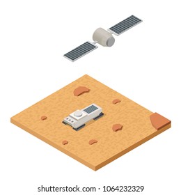 Isometric space ship and satellite research planet moon and mars