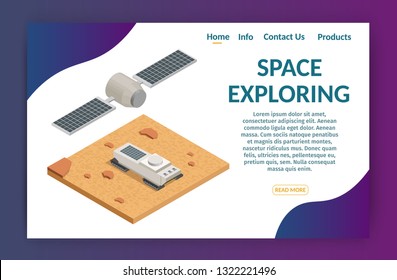 Isometric space ship and satellite research planet moon and mars banner