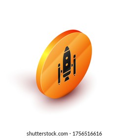 Isometric Space shuttle and rockets icon isolated on white background. Orange circle button. Vector Illustration