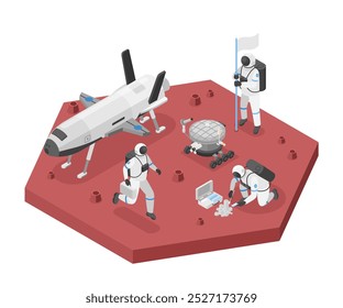 Isometric space station. Astronauts working and researching on red planet surface. Spaceship and mars rover, astronaut in spacesuit, flawless vector scene