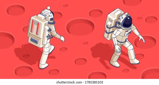 Isometric Spaceman in spacesuit on planet surface. Astronaut walking on Mars. Vector illustration.