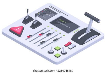 Isometric spaceship 3d dashboard. Aircraft control panel with sliders, controllers and buttons flat vector illustration on white background