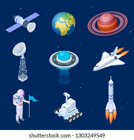 ISOMETRIC SPACESHIPS. Space satellite rocket telescope globe spaceman astronaut. Missile spacecraft 3d isolated vector set