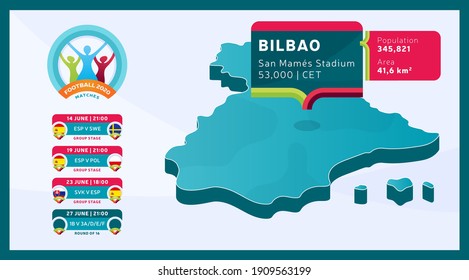 Isometric Spain country map tagged in Bilbao stadium which will be held football matches vector illustration. Football 2020 tournament final stage infographic and country info