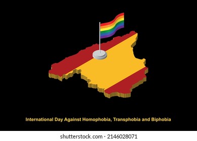 Isometric Spain map in national colors with LGBT flag on flagpole vector illustration. International day against homophobia concept.