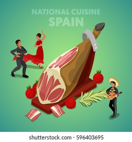 Isometric Spain National Cuisine with Jamon and Spanish People in Traditional Clothes. Vector 3d flat illustration