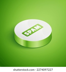 Isometric Spam icon aislado en el fondo verde. Botón Círculo blanco. Vector