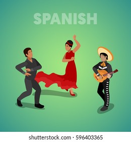 Isometric Spanish Dancing People in Traditional Clothes. Vector 3d flat illustration