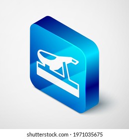 Isometric Spanish jamon on the wooden jamonera icon isolated on grey background. Blue square button. Vector