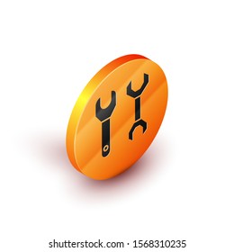 Isometric Spanner icon isolated on white background. Orange circle button. Vector Illustration