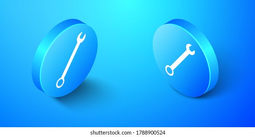 Isometric Spanner icon isolated on blue background. Blue circle button. Vector.
