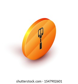 Isometric Spatula icon isolated on white background. Kitchen spatula icon. BBQ spatula sign. Barbecue and grill tool. Orange circle button. Vector Illustration