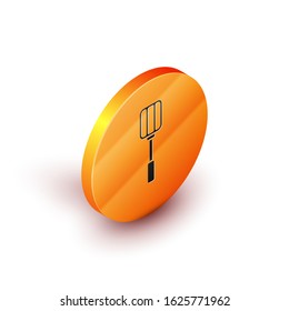 Isometric Spatula icon isolated on white background. Kitchen spatula icon. BBQ spatula sign. Barbecue and grill tool. Orange circle button. Vector Illustration