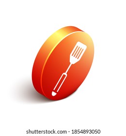Isometric Spatula icon isolated on white background. Kitchen spatula icon. BBQ spatula sign. Barbecue and grill tool. Orange circle button. Vector