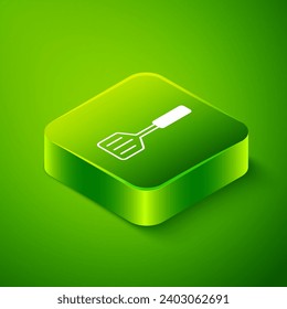Isometric Spatula icon isolated on green background. Kitchen spatula icon. BBQ spatula sign. Barbecue and grill tool. Green square button. Vector