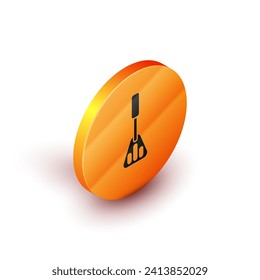 Isometric Spatula icon isolated on white background. Kitchen spatula icon. BBQ spatula sign. Barbecue and grill tool. Orange circle button. Vector