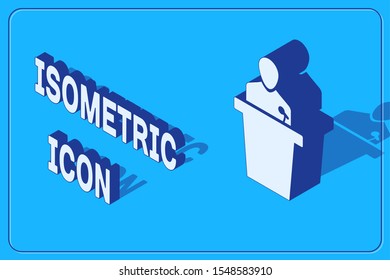 Isometric Speaker icon isolated on blue background. Orator speaking from tribune. Public speech. Person on podium.  Vector Illustration