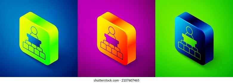 Isometrisches Lautsprechersymbol einzeln auf blauem, violettem und grünem Hintergrund. Redner aus der Tribune. Öffentlichkeitsarbeit. Person auf dem Podium. Knopf Quadrat. Vektorgrafik