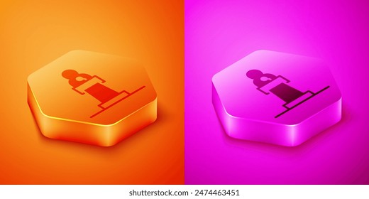 Isometric Speaker icon isolated on orange and pink background. Orator speaking from tribune. Public speech. Person on podium. Hexagon button. Vector