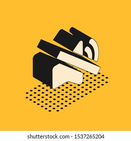Isometric Speaker mute icon isolated on yellow background. No sound icon. Volume Off symbol.  Vector Illustration