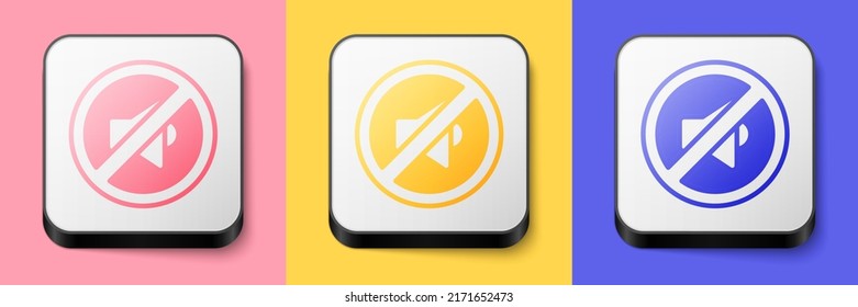 Isometric Speaker mute icon isolated on pink, yellow and blue background. No sound icon. Volume Off symbol. Square button. Vector