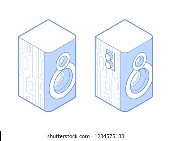 Isometric speakers in the wooden case. Vector illustation of musical equipment in 3d style in two colors.