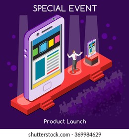 Isometric Special Event Conference Hall International Meeting Product Launch Flat 3d Isometric Speaker Public Presenting New Device Online Launch Event Product. Creative People Set Vector Illustration