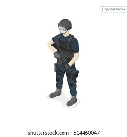 Isometric Special Forces Soldier. SWAT. Vector Illustration.