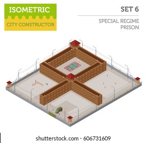 Isometric special regime prison, jail for city map constructor isolated on white. Build your own infographic collection. Vector illustration