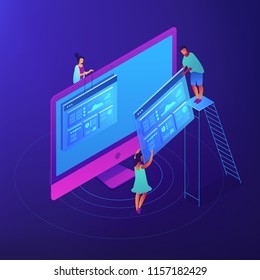 Isometric specialists analyzing website statistics charts on screen illustration. SEO strategy, optimize, search engine results page concept. Blue violet background. Vector 3d isometric illustration.