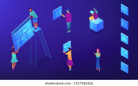 Isometric IT specialists with icons of SEO services illustration. Digital marketing, SEO, content marketing, target audience concept. Blue violet background. Vector 3d isometric illustration. Isometric IT specialists with icons of SEO services illustration. Digital marketing, SEO, content marketing, target audience concept. Blue violet background. Vector 3d isometric illustration.