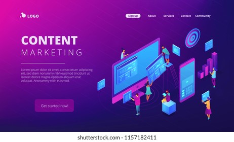 Isometric IT specialists working with charts on content marketing landing page. Business analysis, content strategy and management concept. Ultra violet background. Vector 3d isometric illustration.