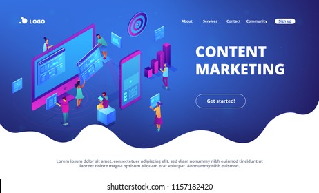 Isometric IT specialists working with charts on content marketing landing page. Business analysis, content strategy and management concept. Blue violet background. Vector 3d isometric illustration.